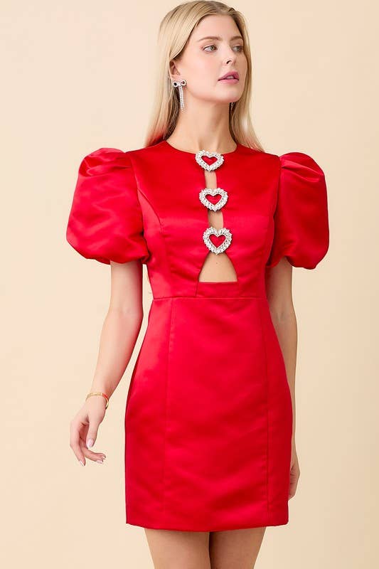 Heart Rhinestone Puff Sleeve Dress