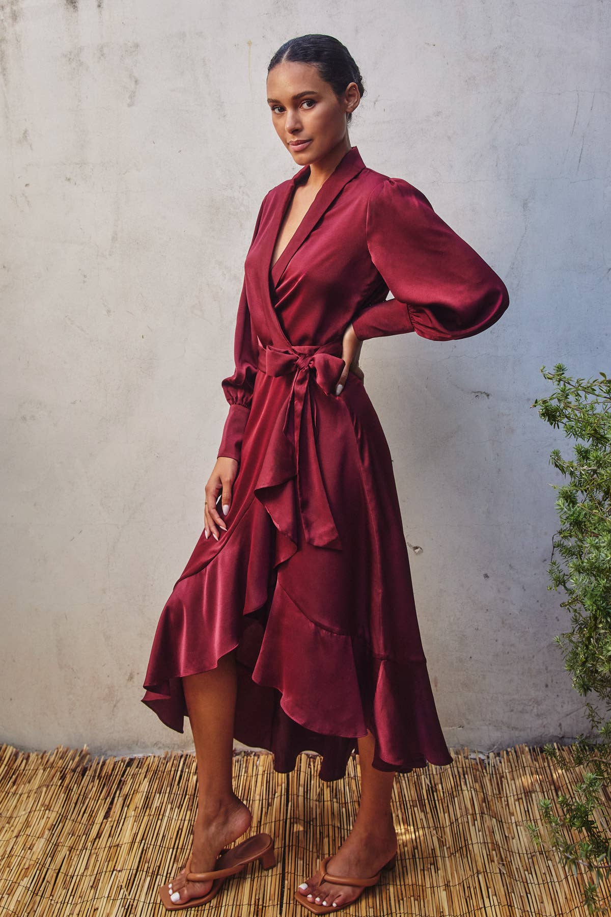 Satin Ruffled Midi Wrap Dress - Sangria