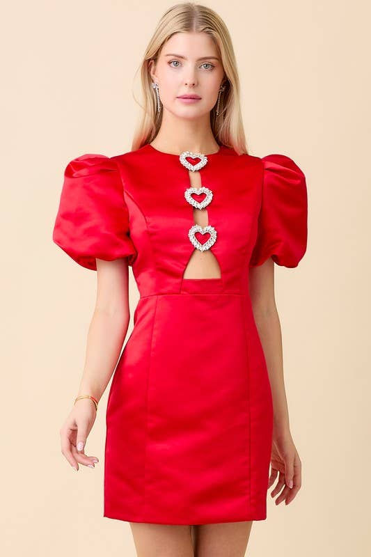 Heart Rhinestone Puff Sleeve Dress