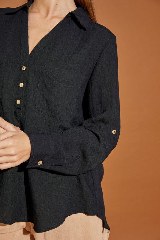 V Neck Button Down Henley Shirt - Black