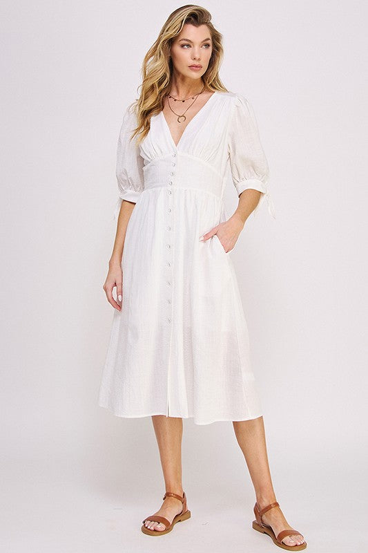 Puff Sleeves V-Neck Button Down Midi Dress