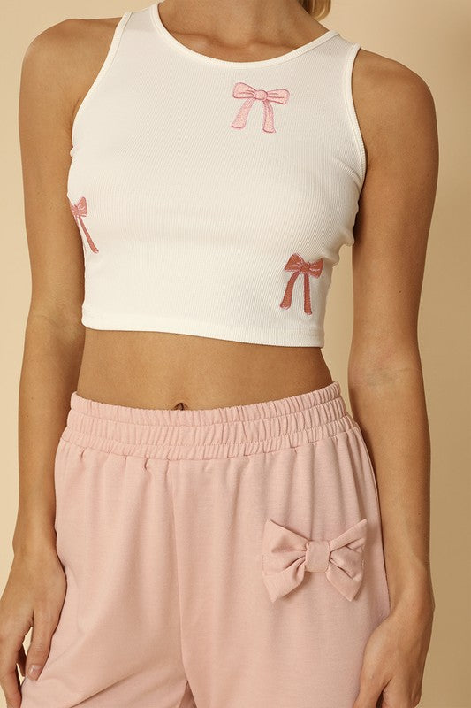 Ribbed Knit Bow Embroidered Tank