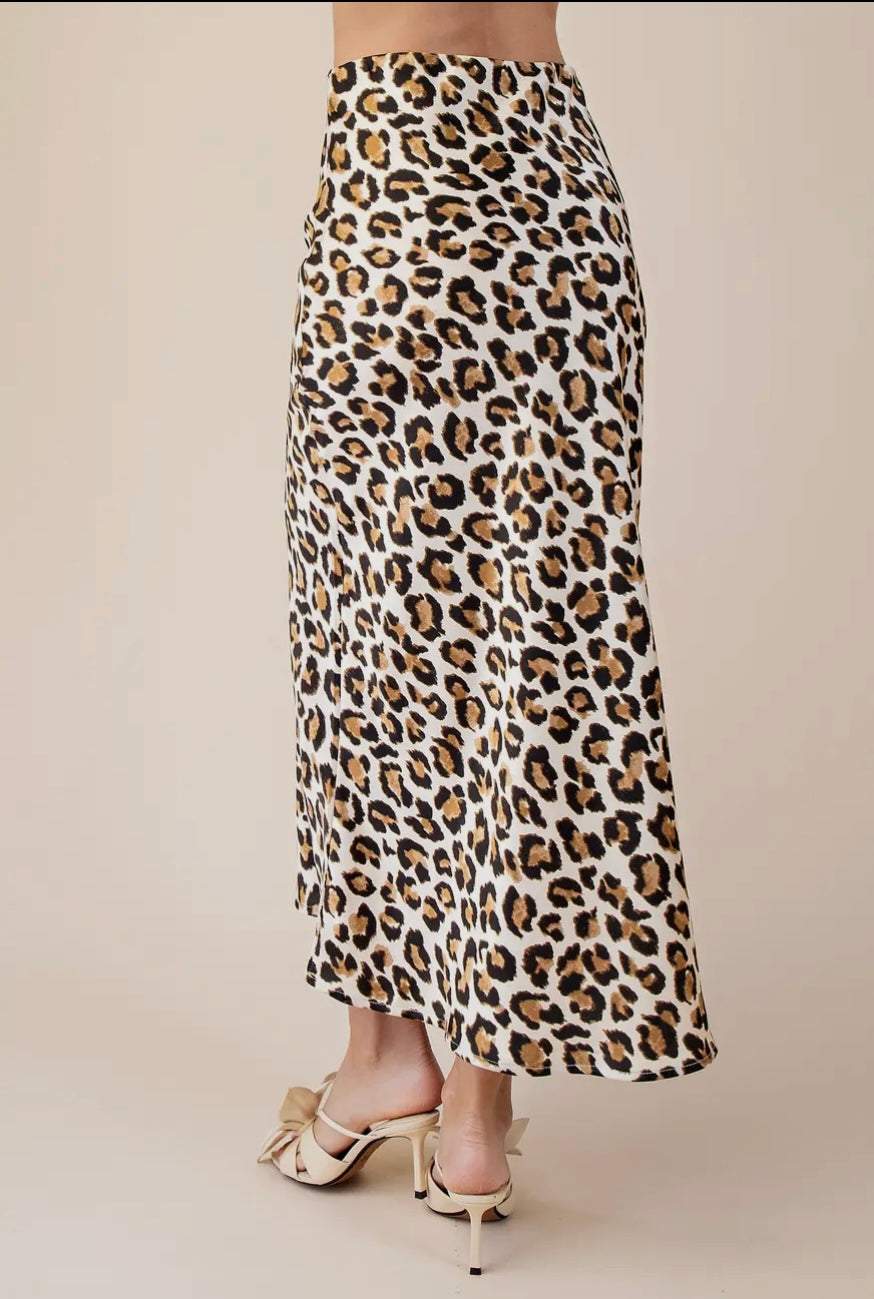 Bias Satin Midi Skirt - Leopard