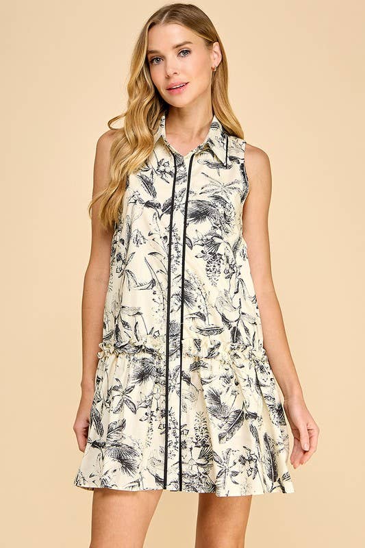 Leaf Print Piping Detail Sleeveless Shirt Dress
