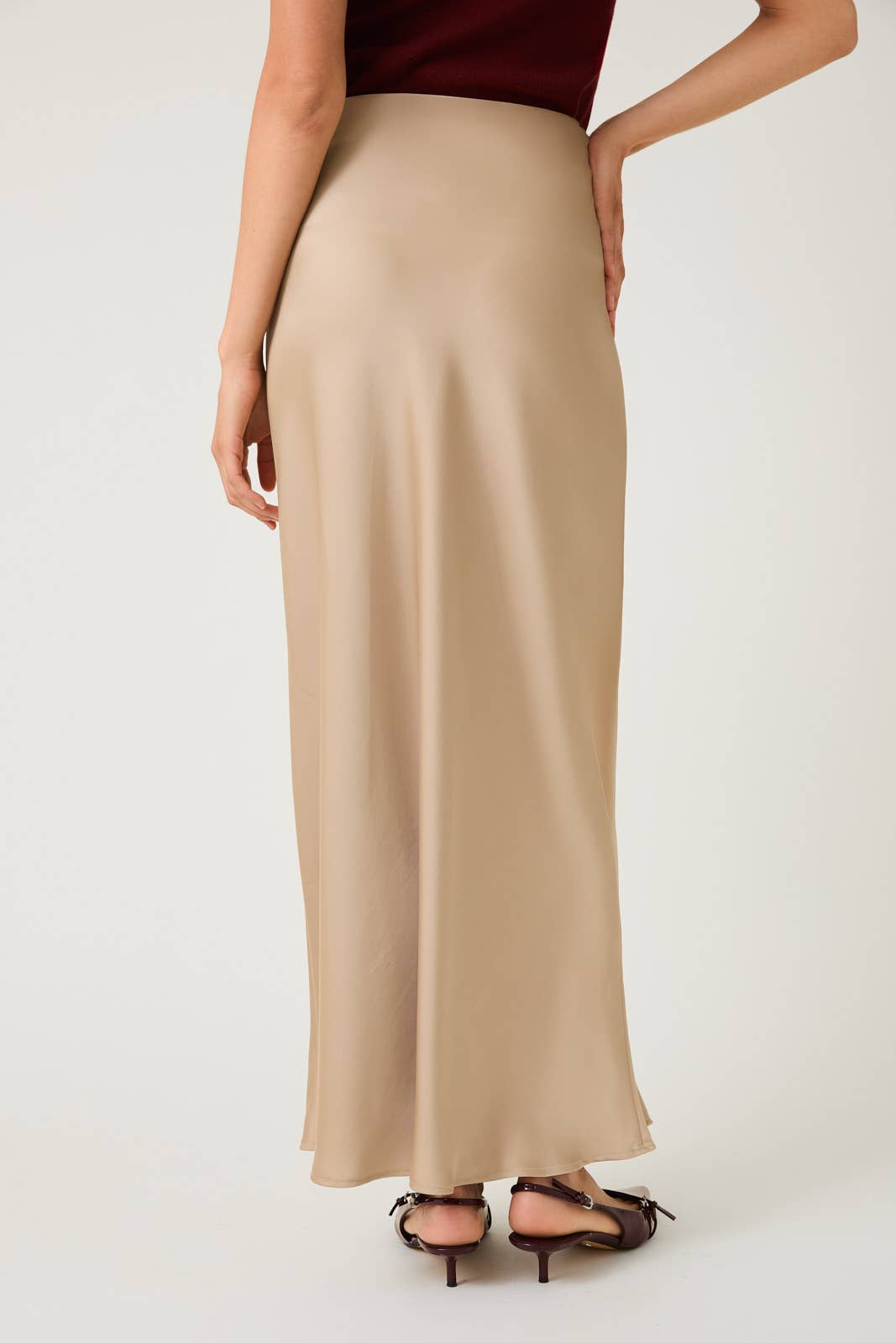 Bias Satin Maxi Skirt - Tan