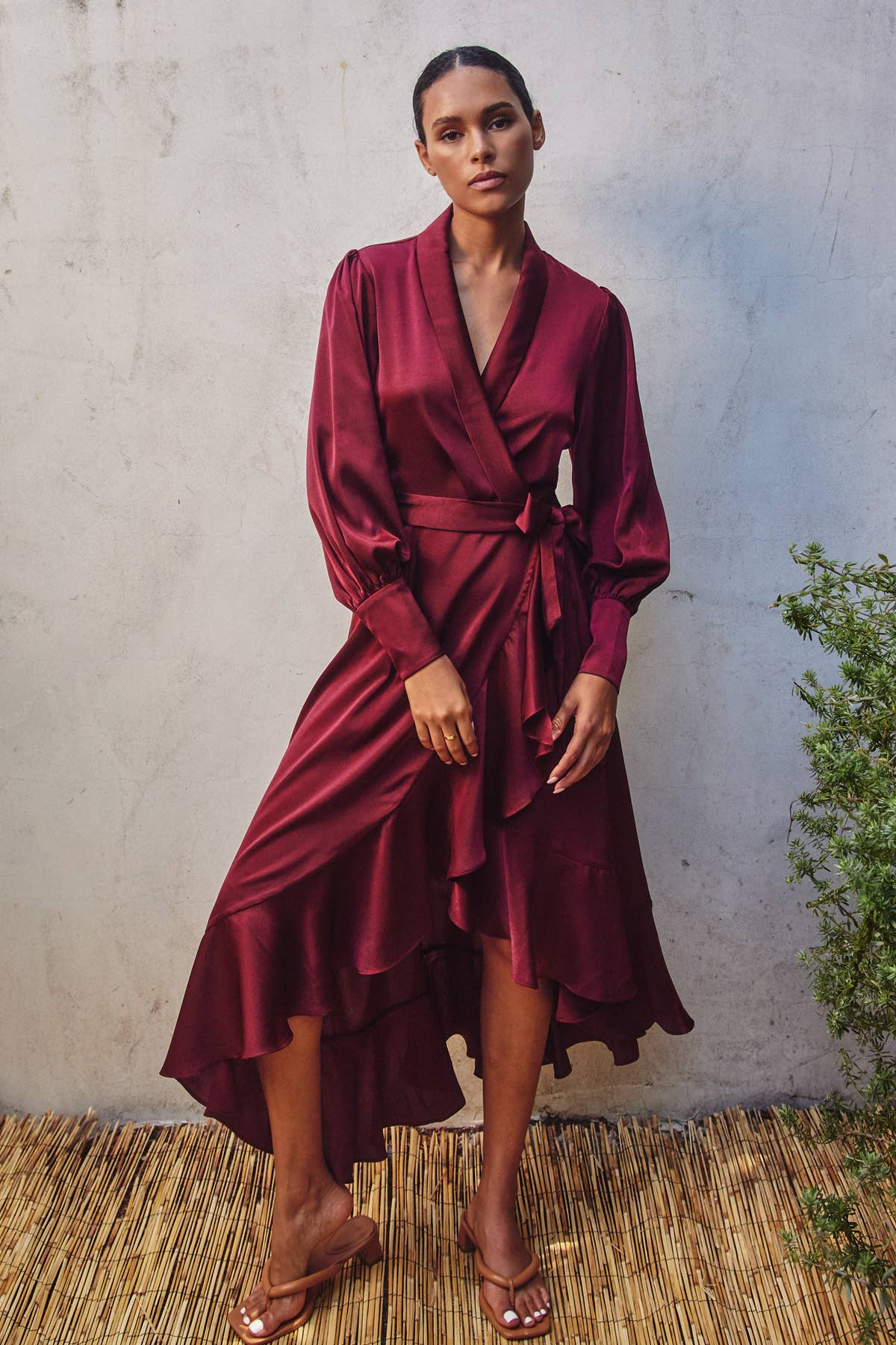 Satin Ruffled Midi Wrap Dress - Sangria