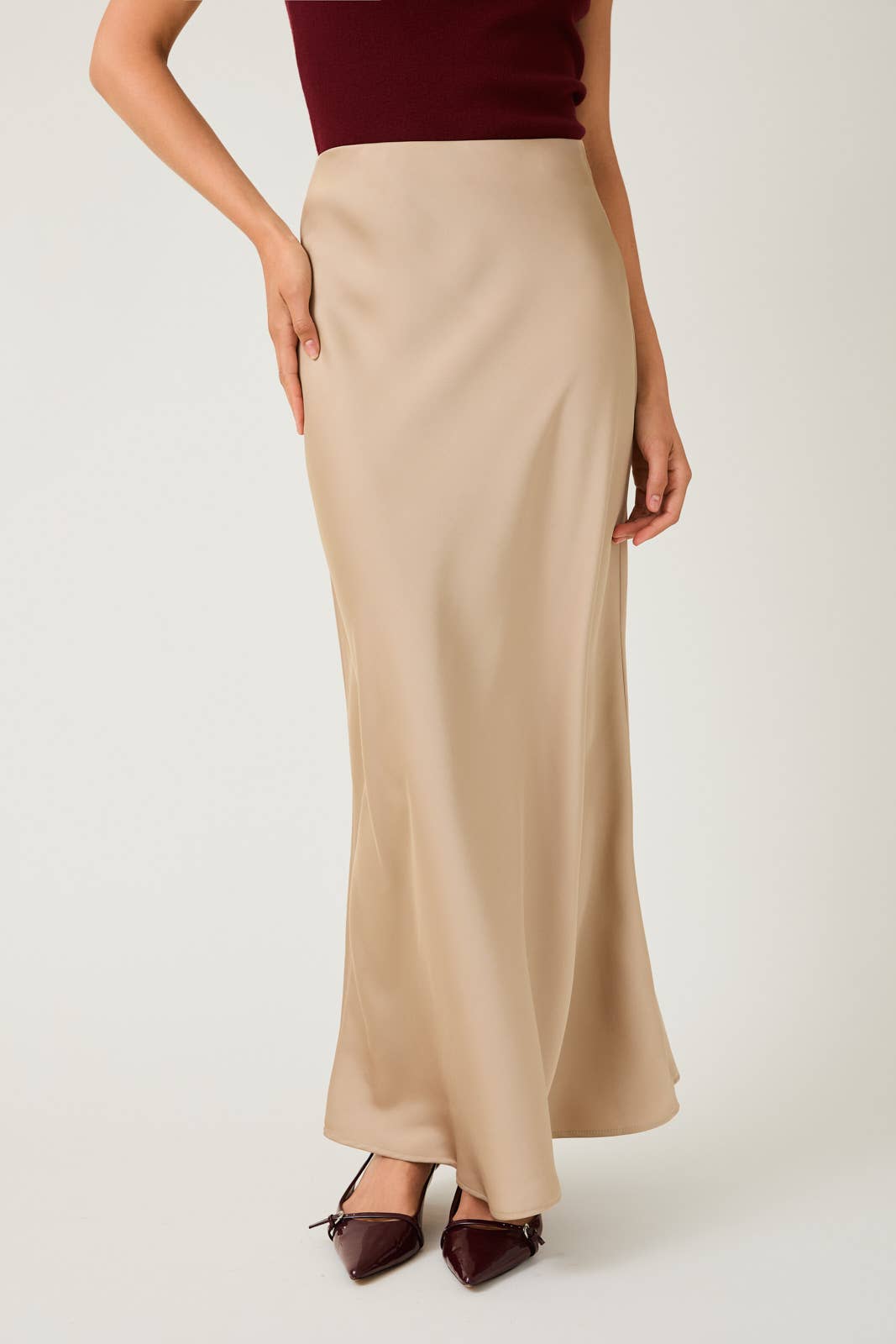 Bias Satin Maxi Skirt - Tan