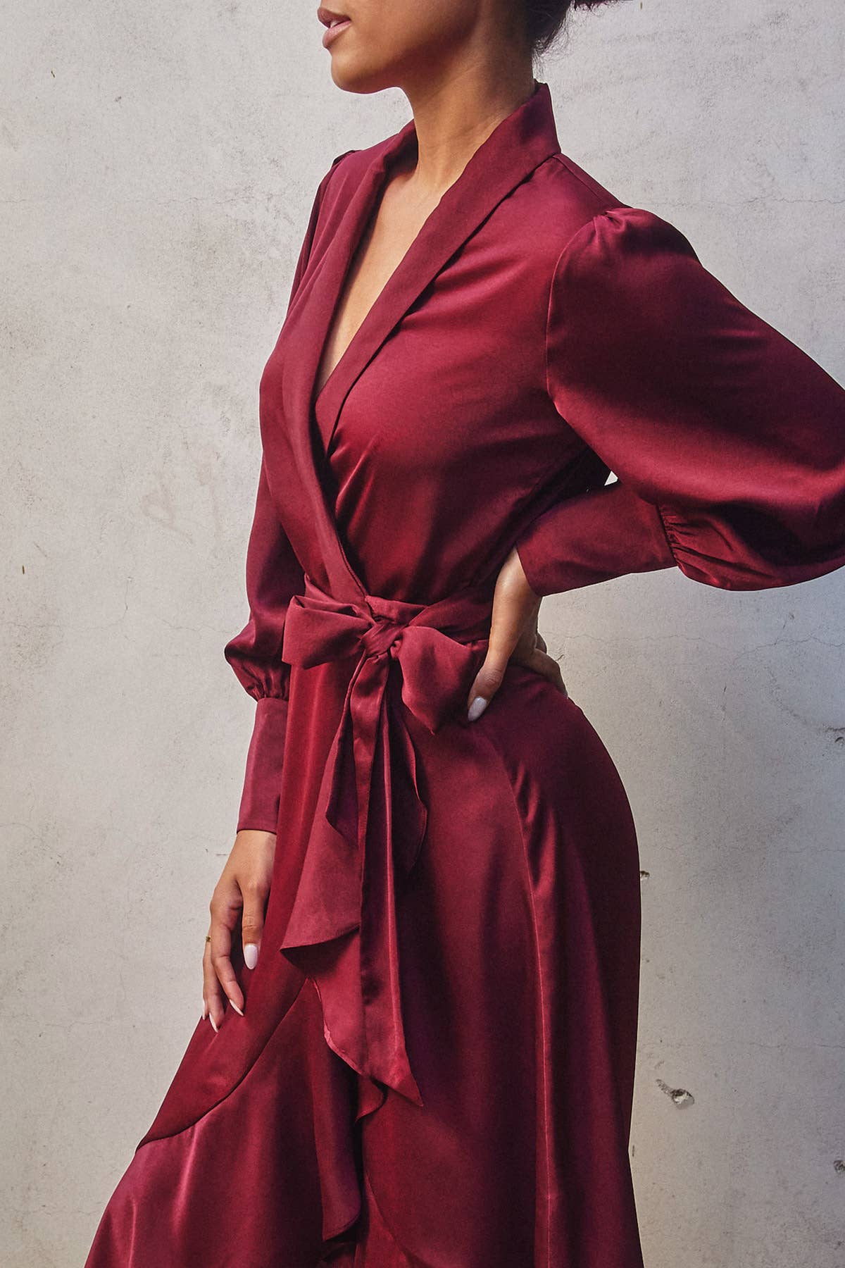 Satin Ruffled Midi Wrap Dress - Sangria