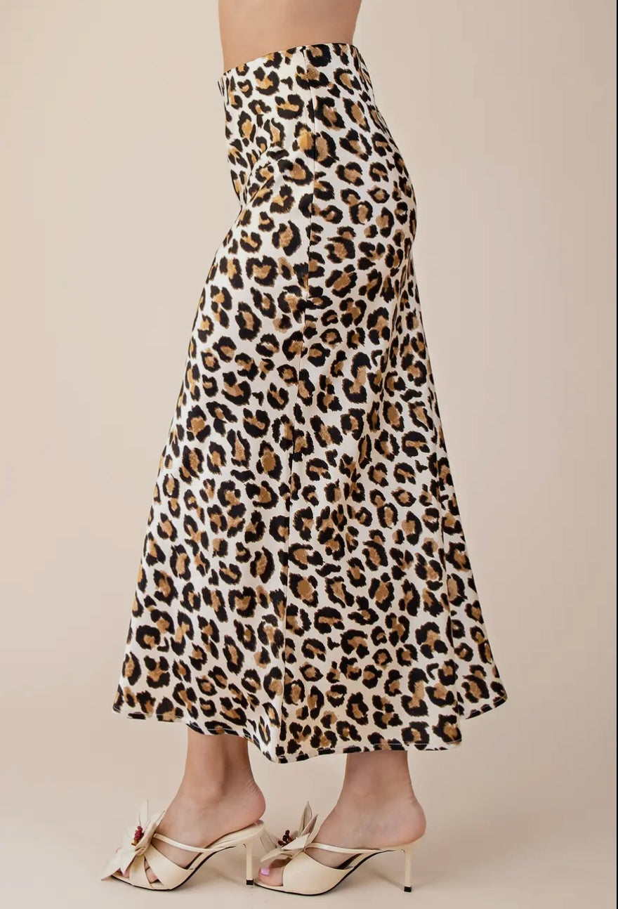 Bias Satin Midi Skirt - Leopard