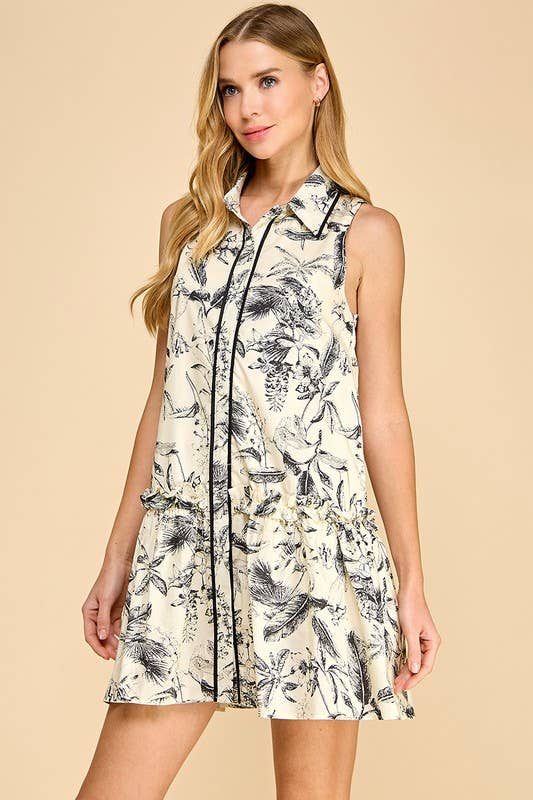 Leaf Print Piping Detail Sleeveless Shirt Dress