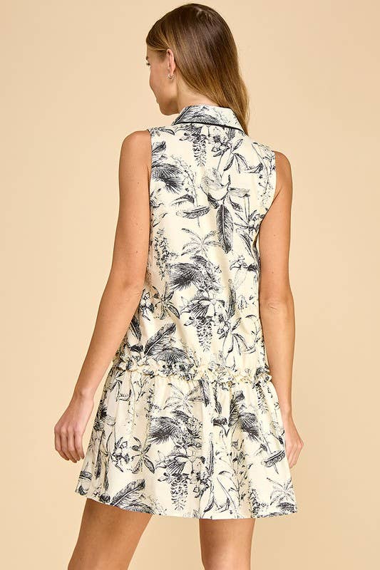 Leaf Print Piping Detail Sleeveless Shirt Dress
