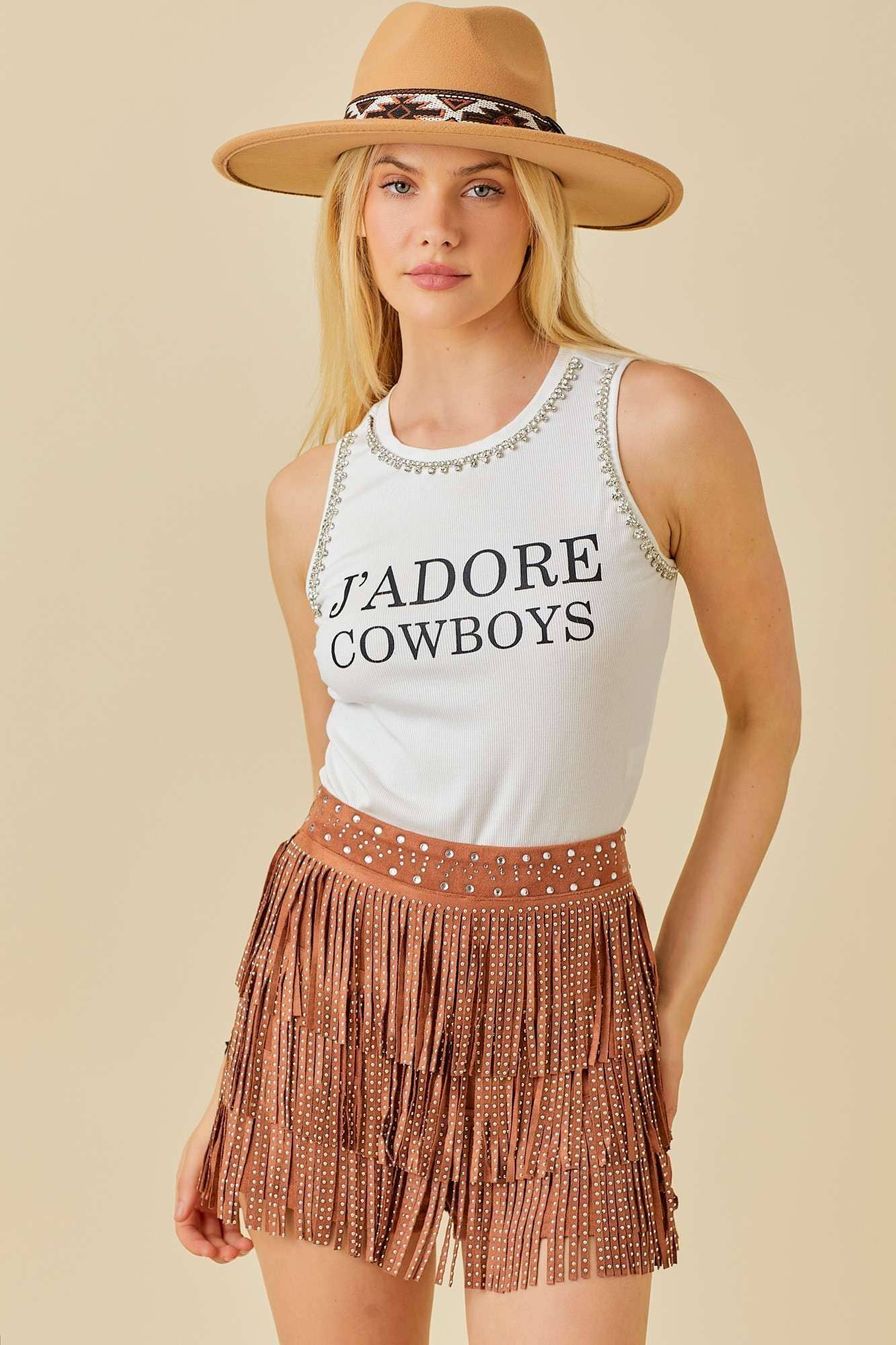 Western Rhinestone Trim Stud Fringe Suede Shorts