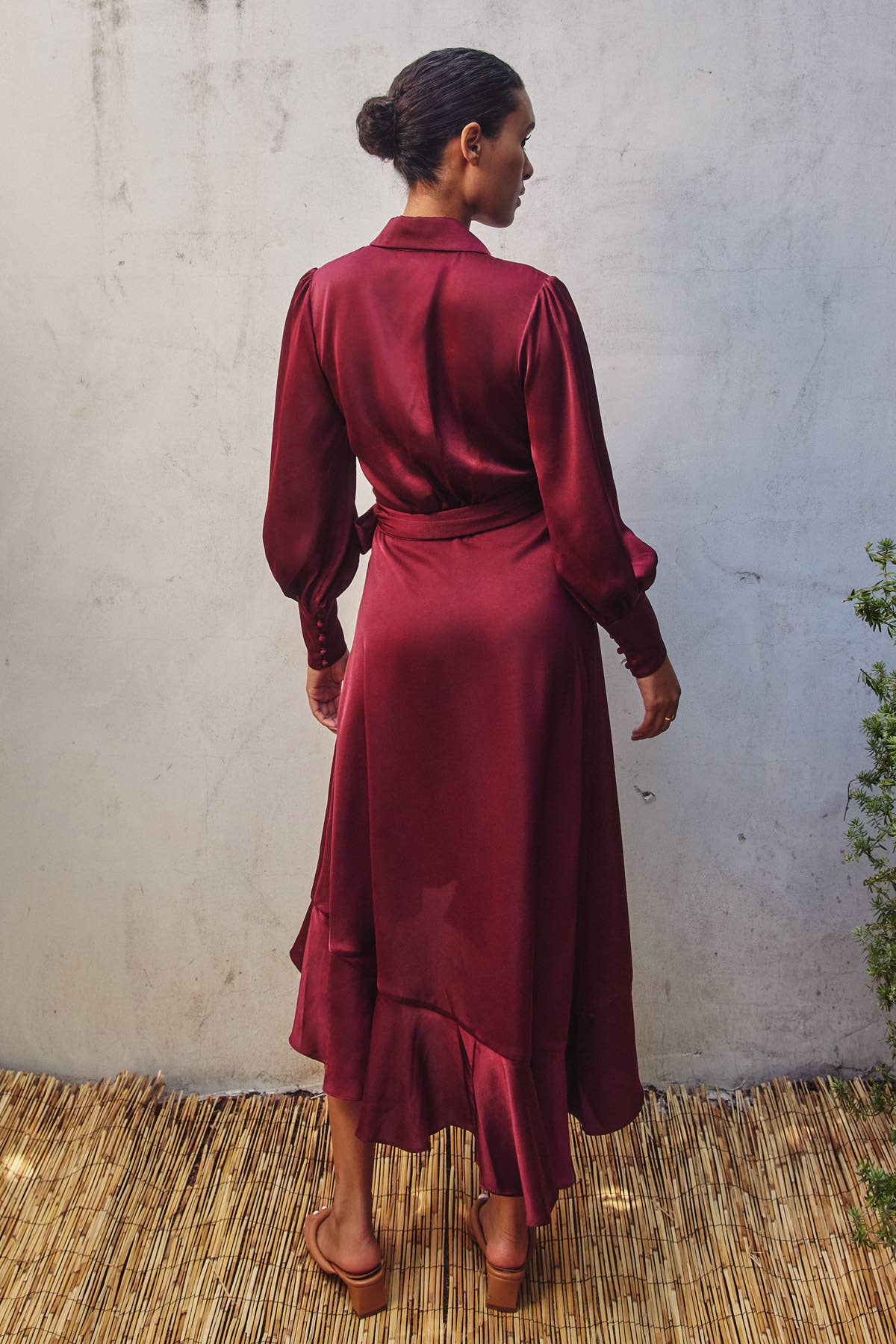 Satin Ruffled Midi Wrap Dress - Sangria