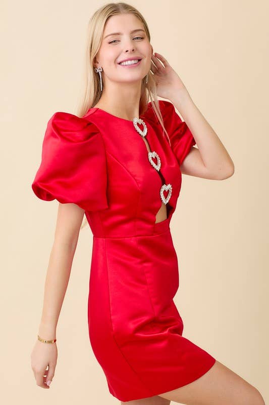 Heart Rhinestone Puff Sleeve Dress