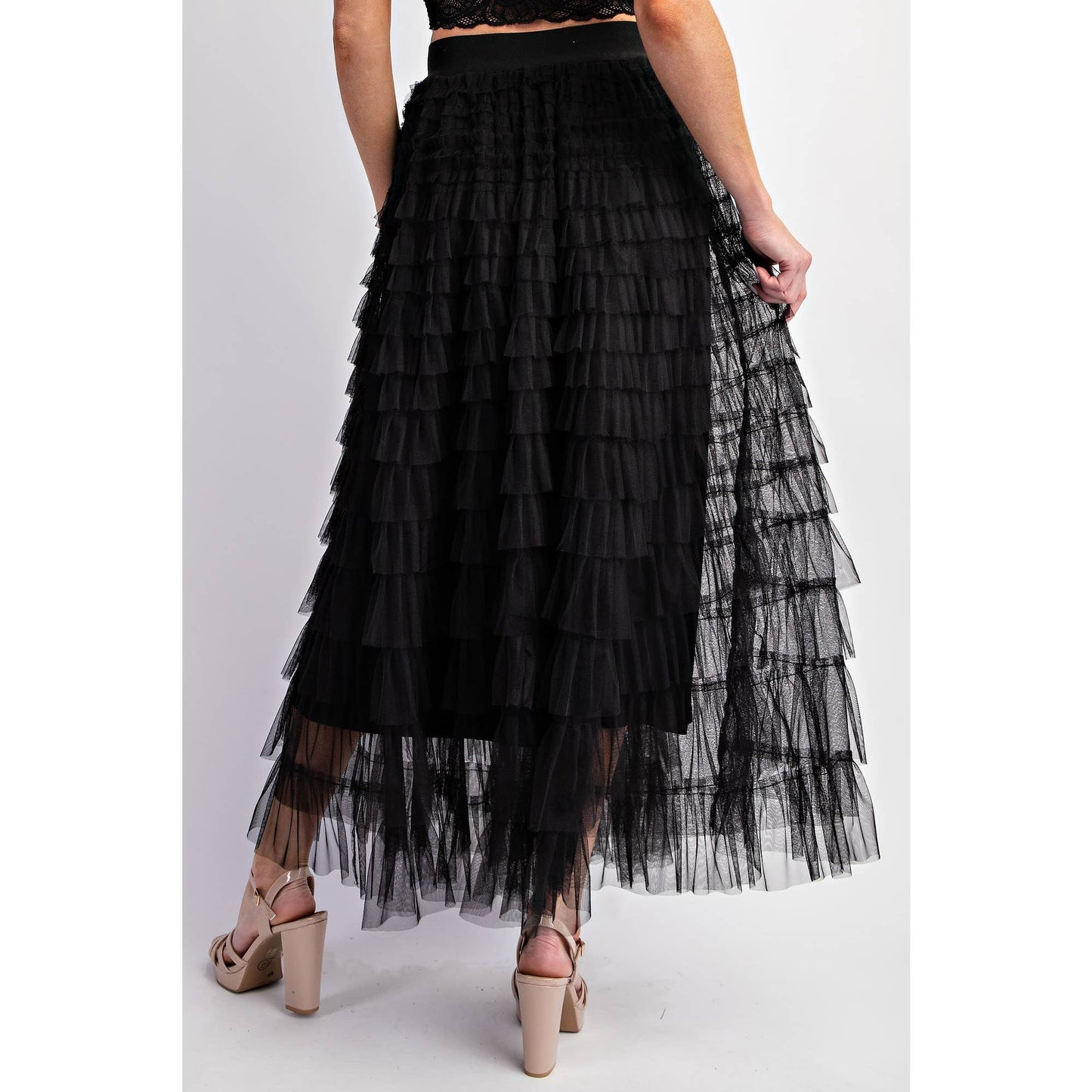 Cascading Tulle Tiered Maxi Skirt - Black