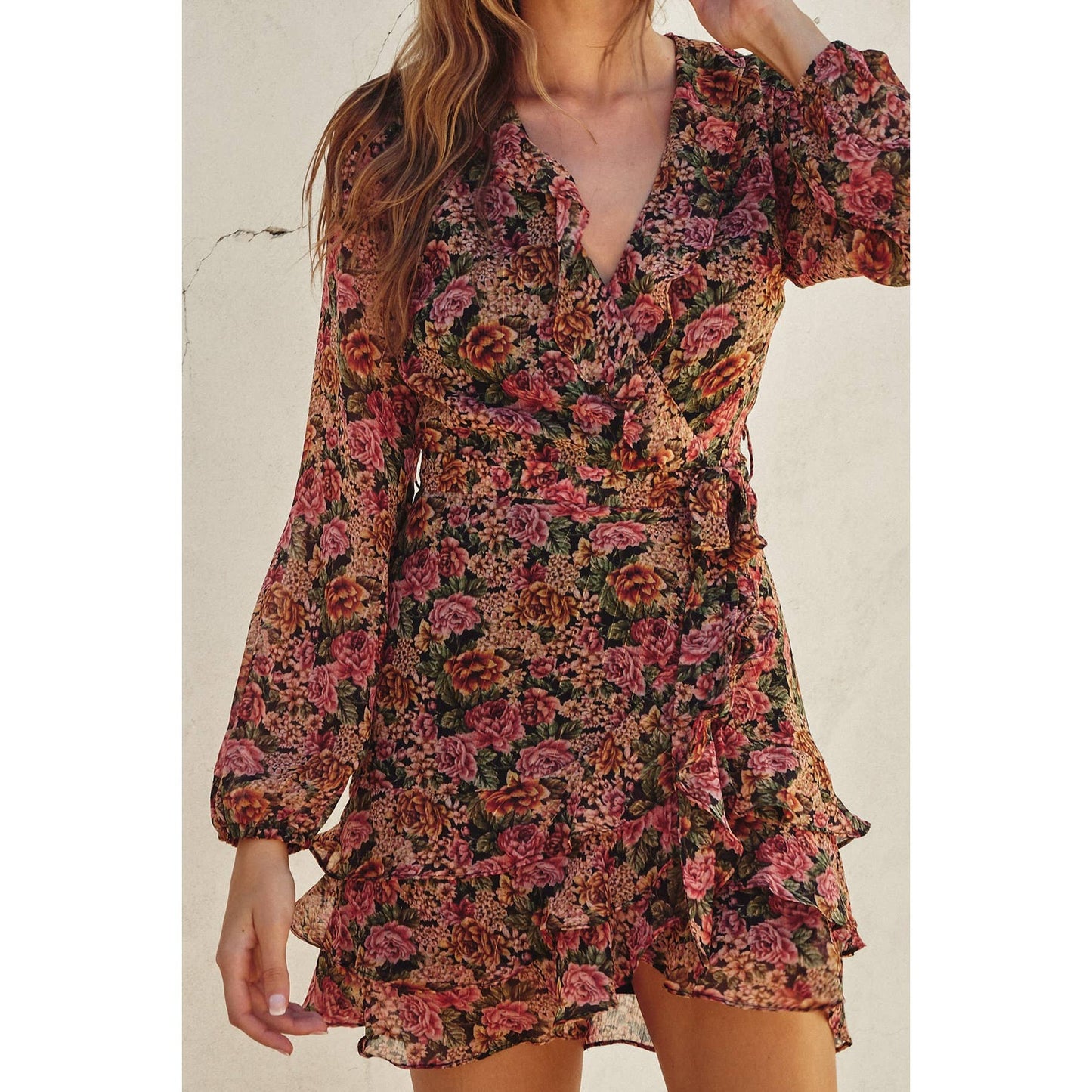 Vintage Rose Ruffled Surplice Mini Dress