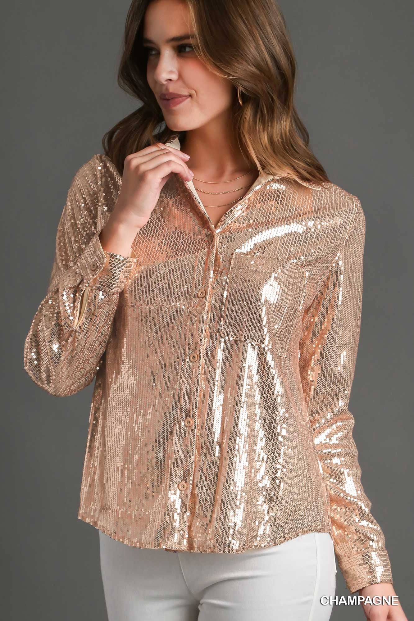 Sequin Collared Long Sleeve Shirt