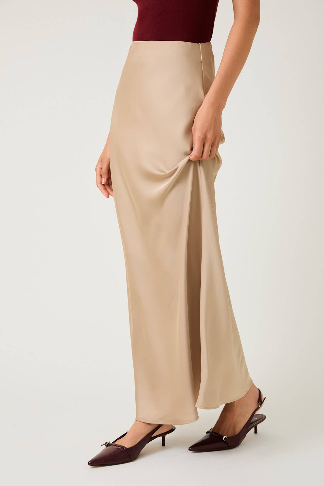 Bias Satin Maxi Skirt - Tan