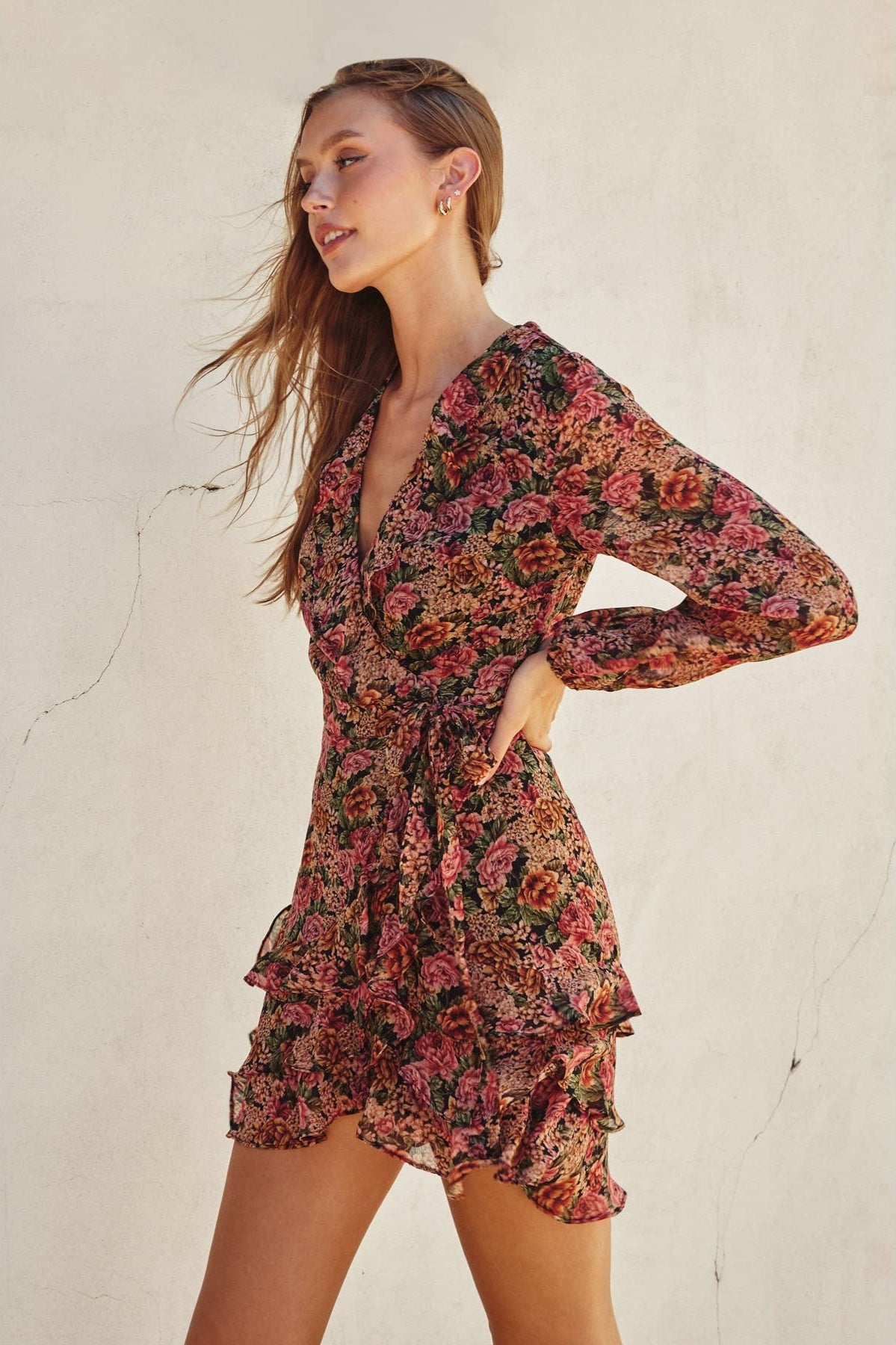Vintage Rose Ruffled Surplice Mini Dress