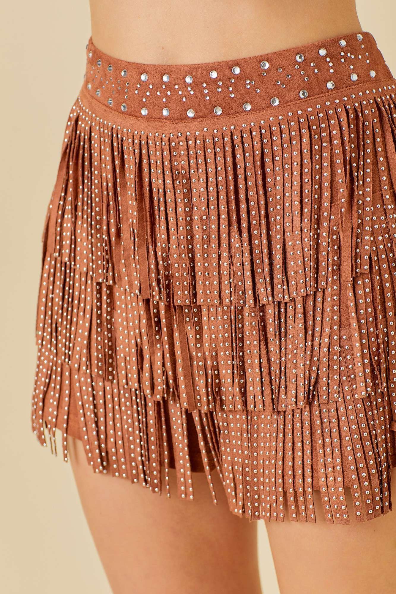 Western Rhinestone Trim Stud Fringe Suede Shorts