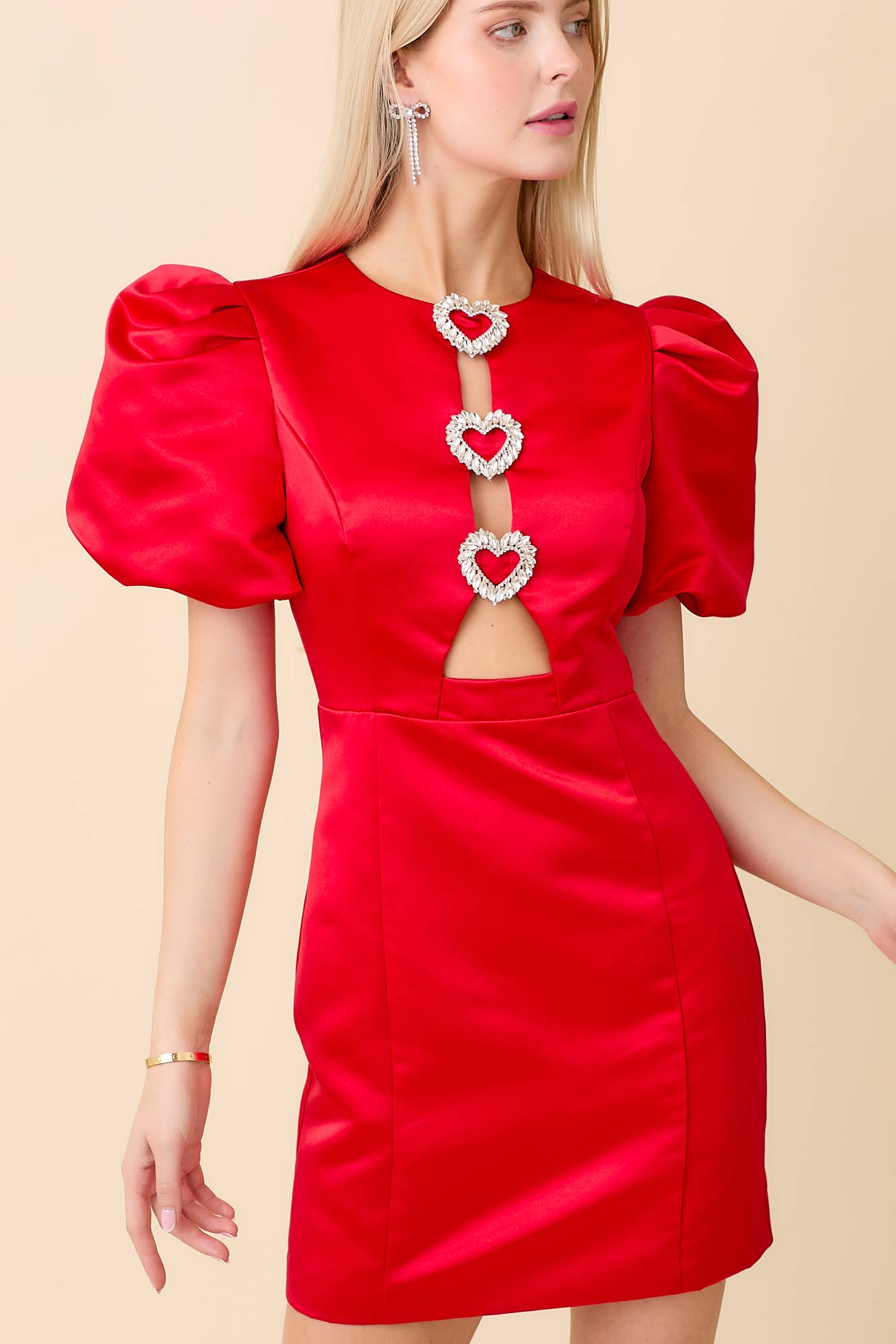Heart Rhinestone Puff Sleeve Dress