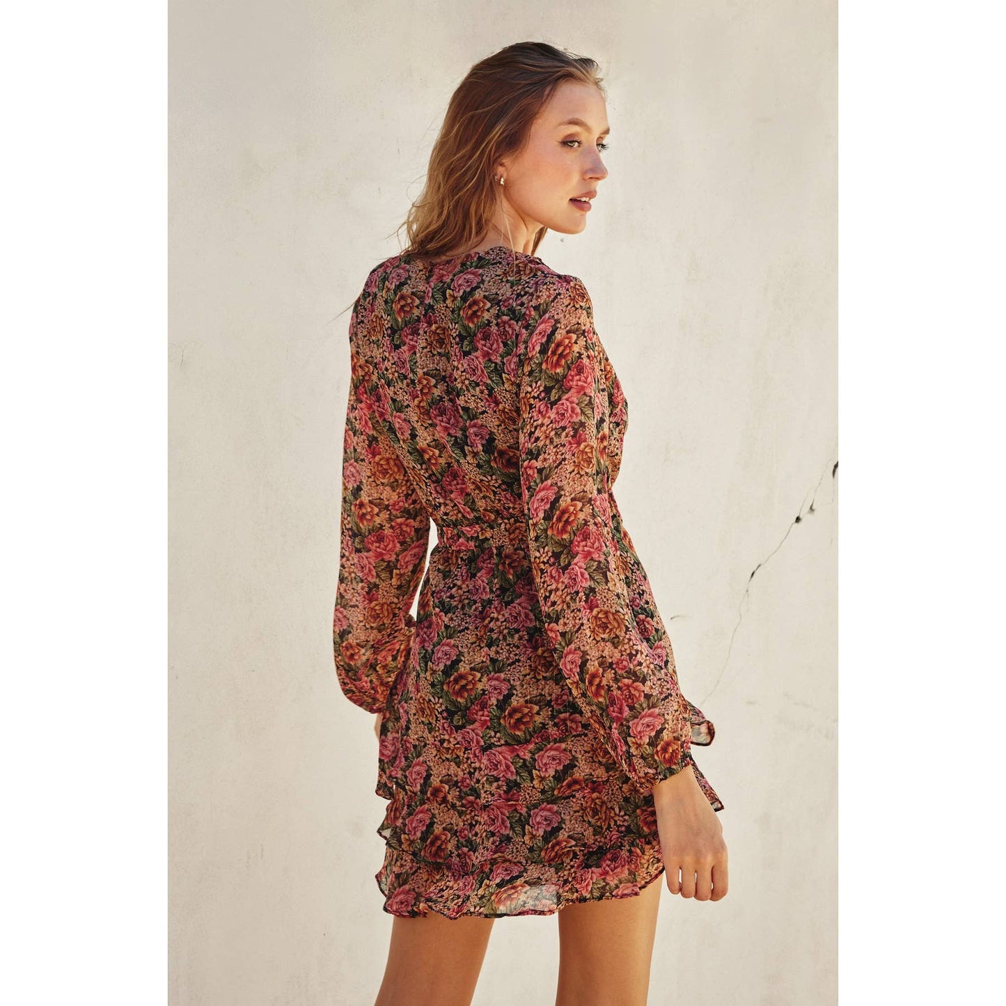 Vintage Rose Ruffled Surplice Mini Dress