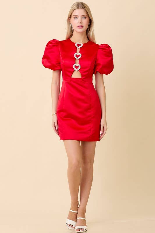 Heart Rhinestone Puff Sleeve Dress