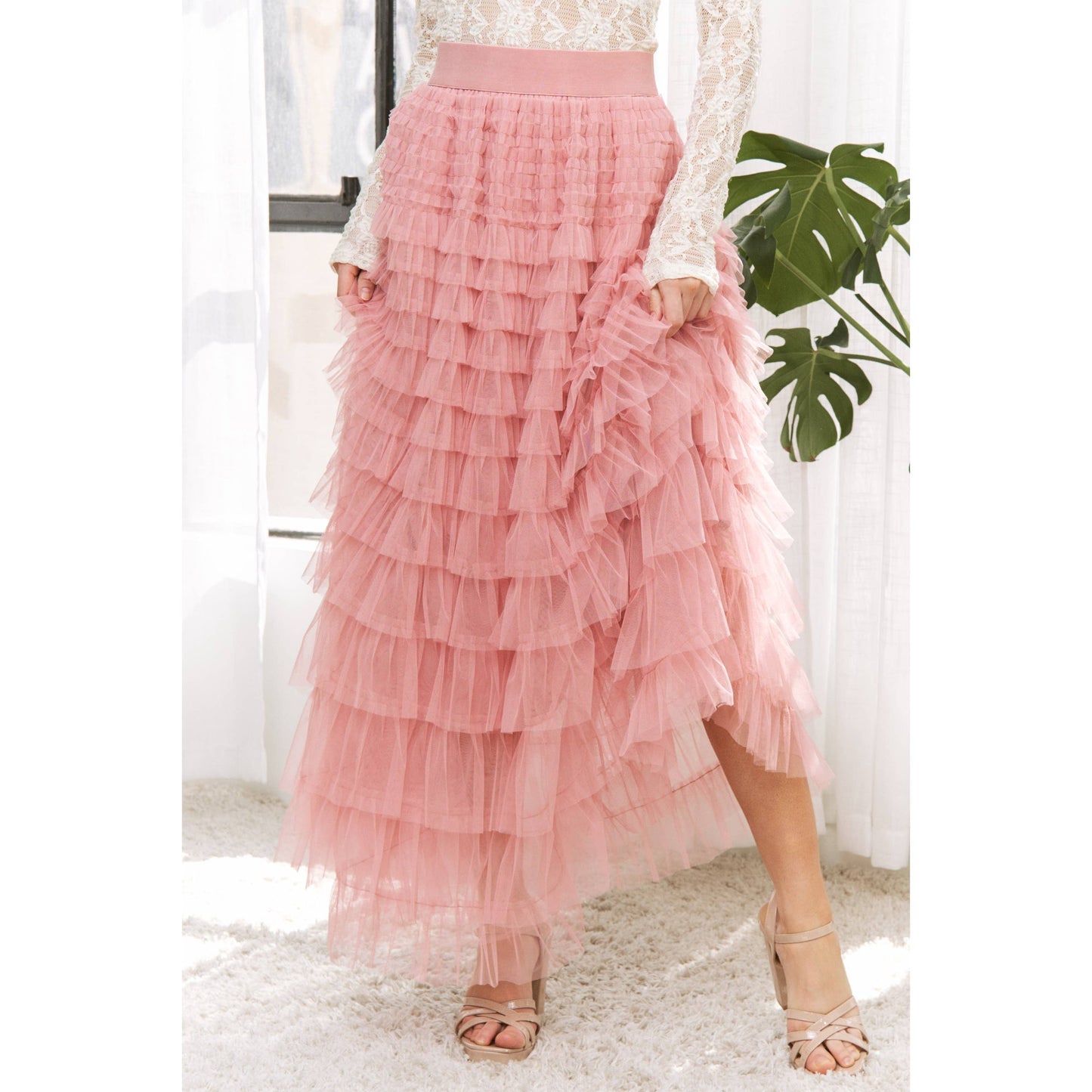 Cascading Tulle Tiered Maxi Skirt - Dusty Rose