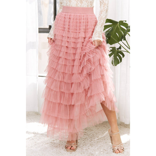 Cascading Tulle Tiered Maxi Skirt - Dusty Rose