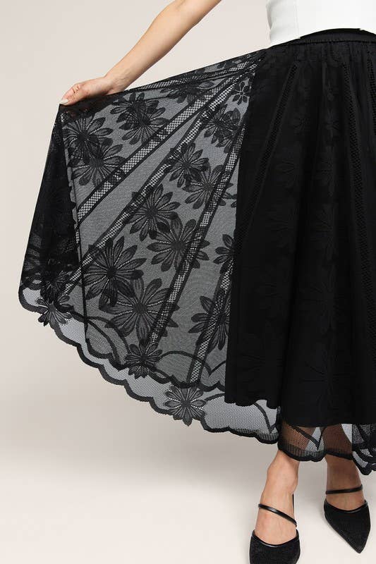 Floral Embroidered Mesh Midi Skirt - Black