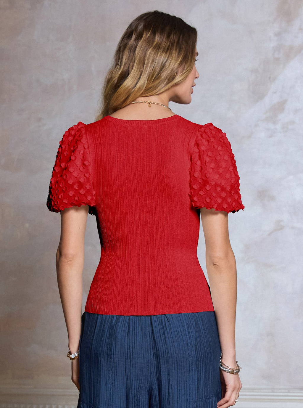 3D Floral Short Sleeve Knit Top - Red