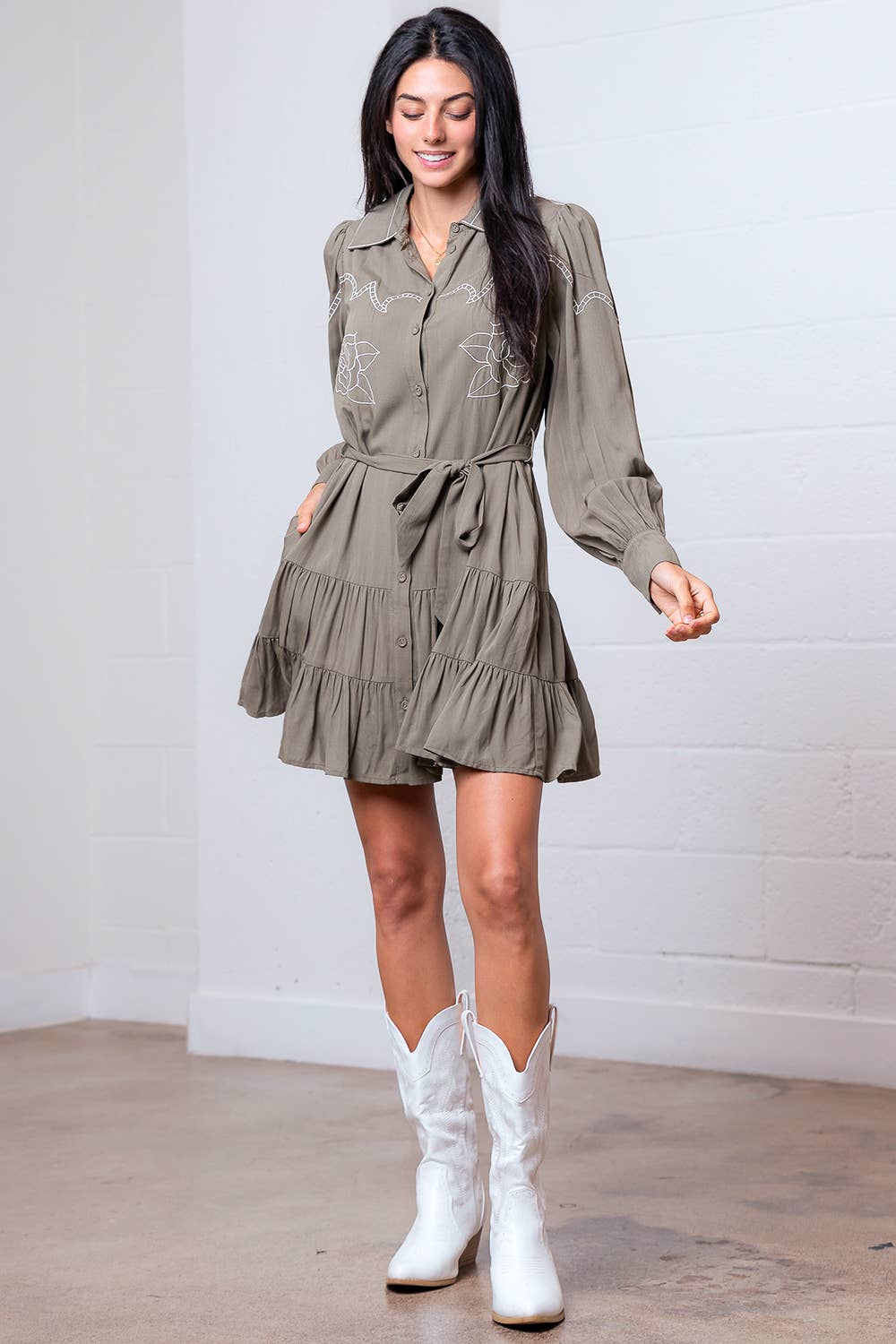 Sage Blossom Western Mini Dress