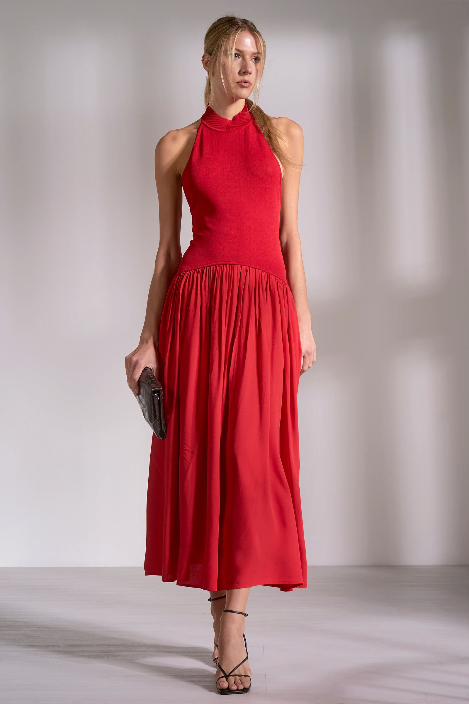 Red Halter Midi Dress