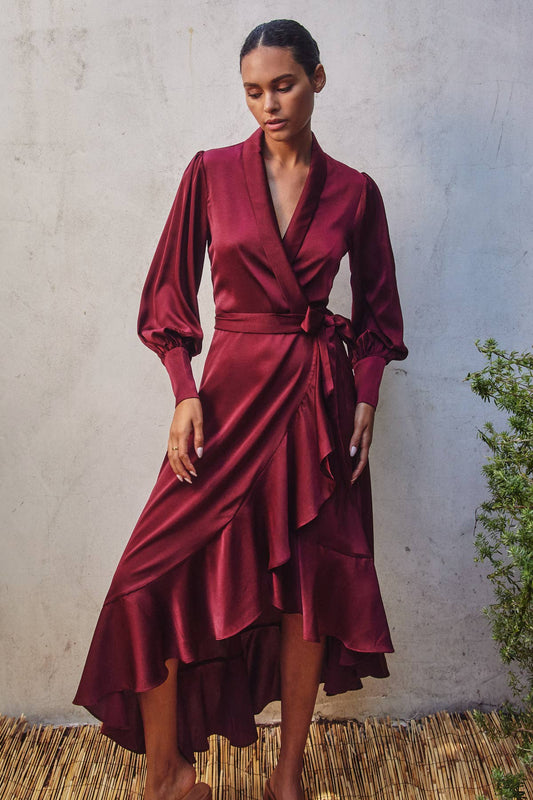 Satin Ruffled Midi Wrap Dress - Sangria