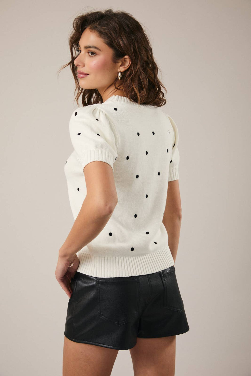 Puff Sleeve Polka Dot Sweater - White