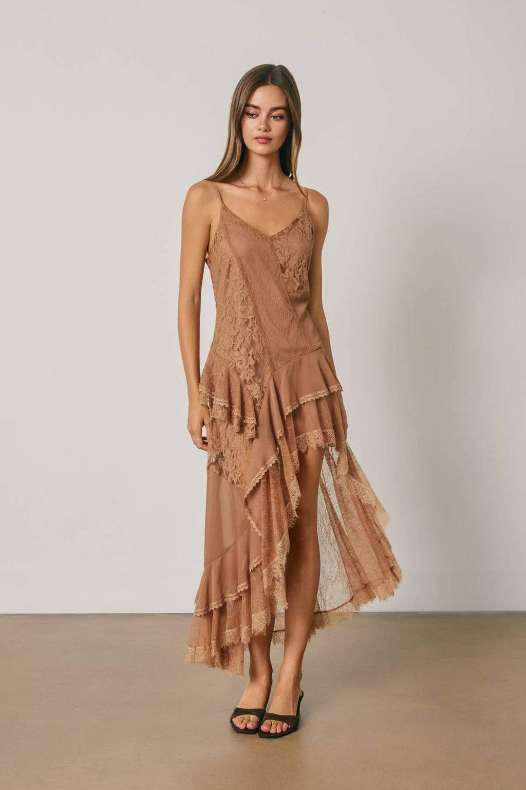 Lace Asymmetrical Tiered Midi Dress
