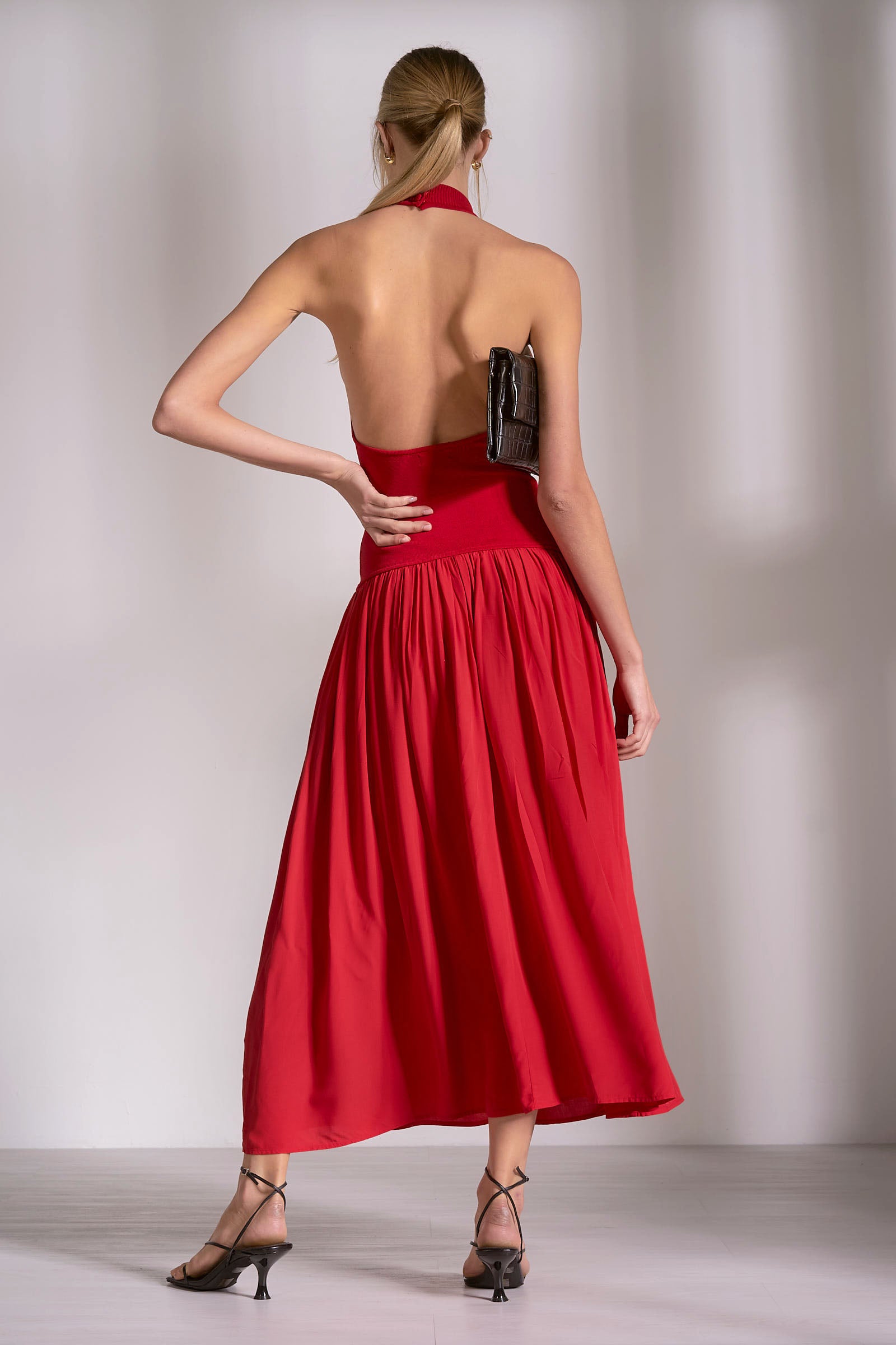 Red Halter Midi Dress