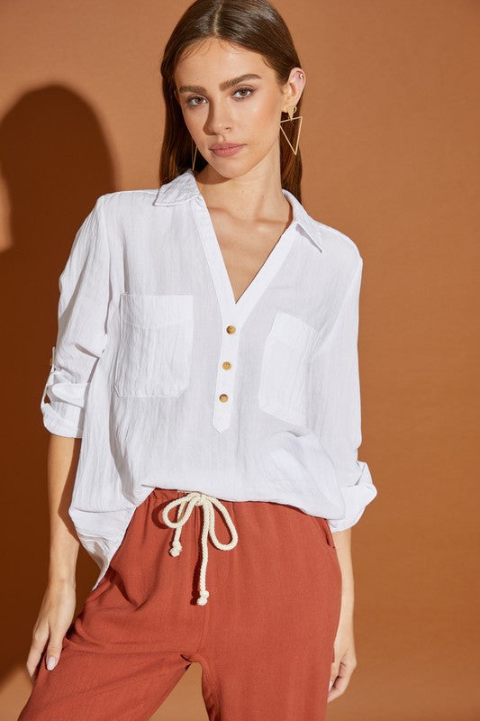V Neck Button Down Henley Shirt - Off White