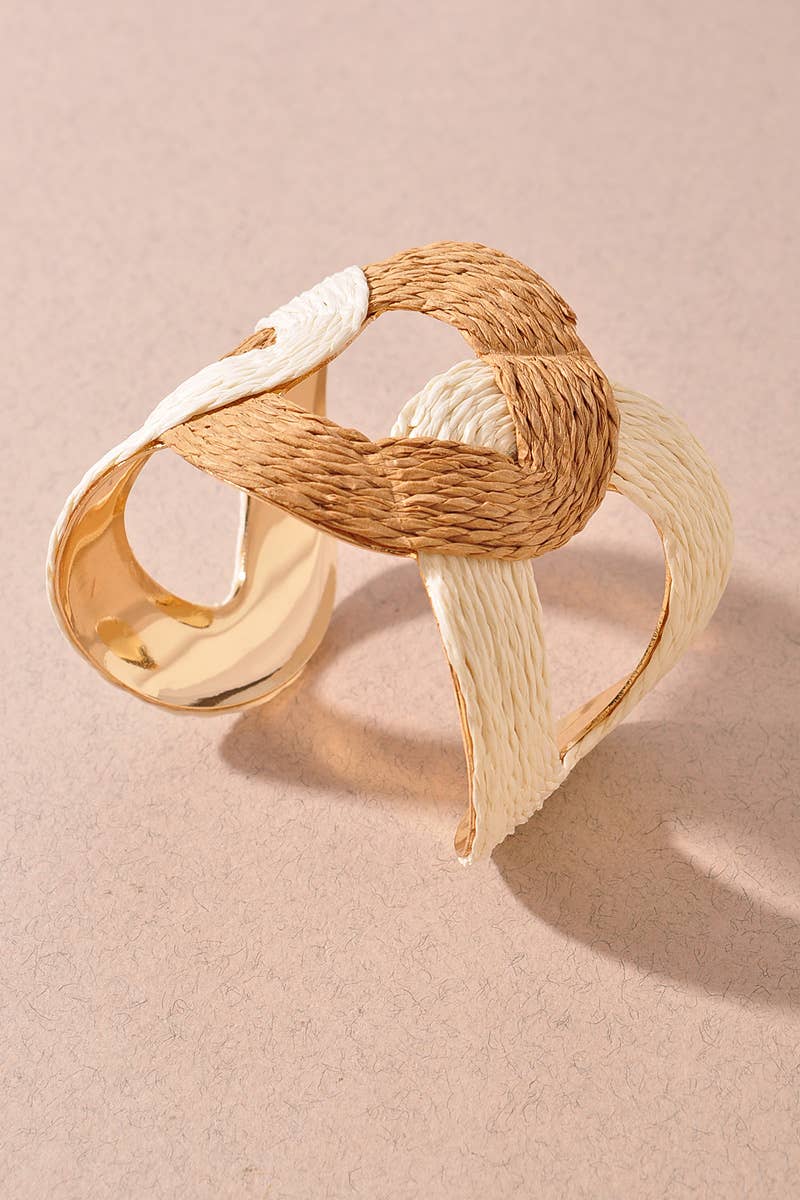 Two-Tone Woven Raffia Cuff Bracelet - Taupe/Ivory