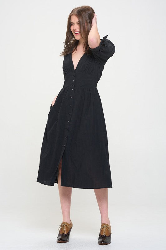 Puff Sleeves V-Neck Button Down Midi Dress