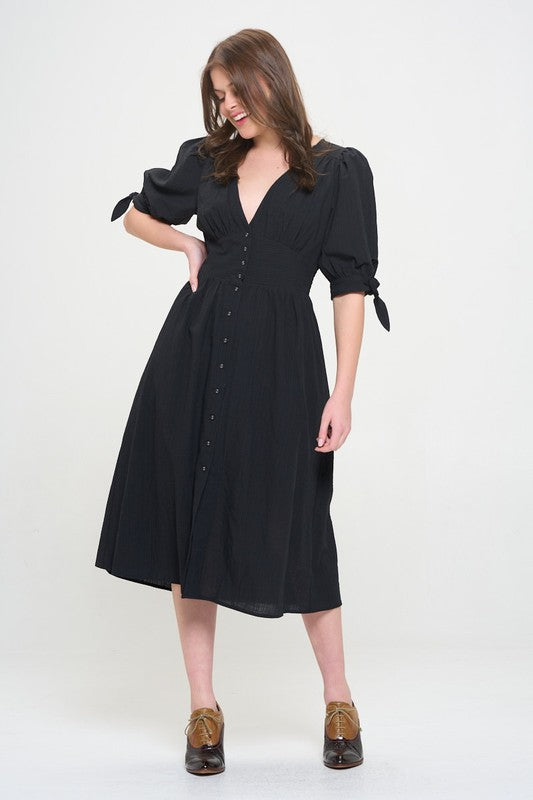 Puff Sleeves V-Neck Button Down Midi Dress