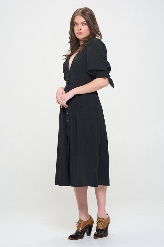 Puff Sleeves V-Neck Button Down Midi Dress