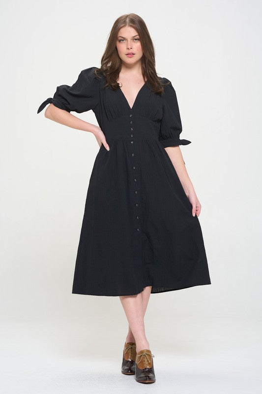 Puff Sleeves V-Neck Button Down Midi Dress