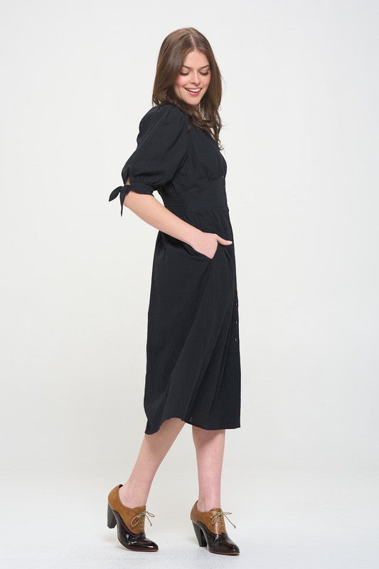 Puff Sleeves V-Neck Button Down Midi Dress