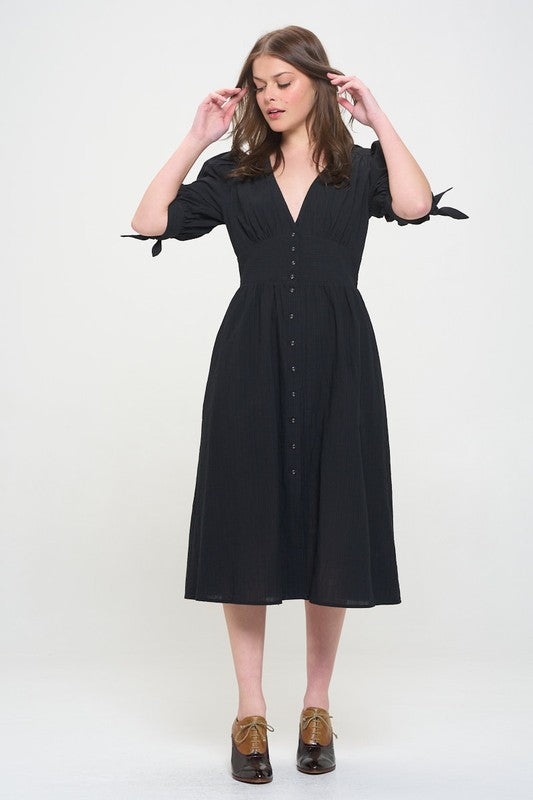 Puff Sleeves V-Neck Button Down Midi Dress