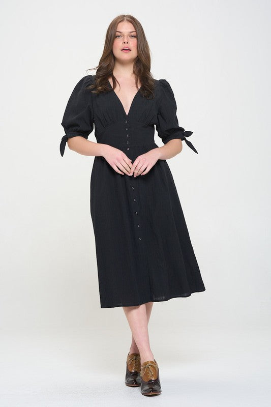 Puff Sleeves V-Neck Button Down Midi Dress