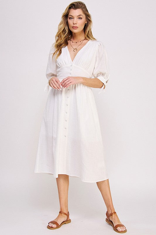 Puff Sleeves V-Neck Button Down Midi Dress