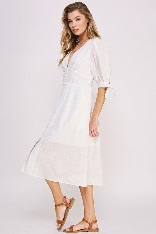 Puff Sleeves V-Neck Button Down Midi Dress