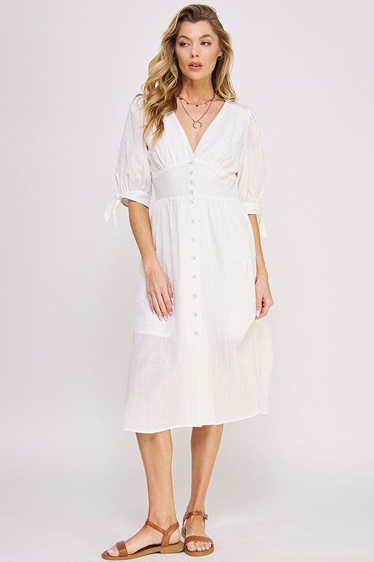 Puff Sleeves V-Neck Button Down Midi Dress