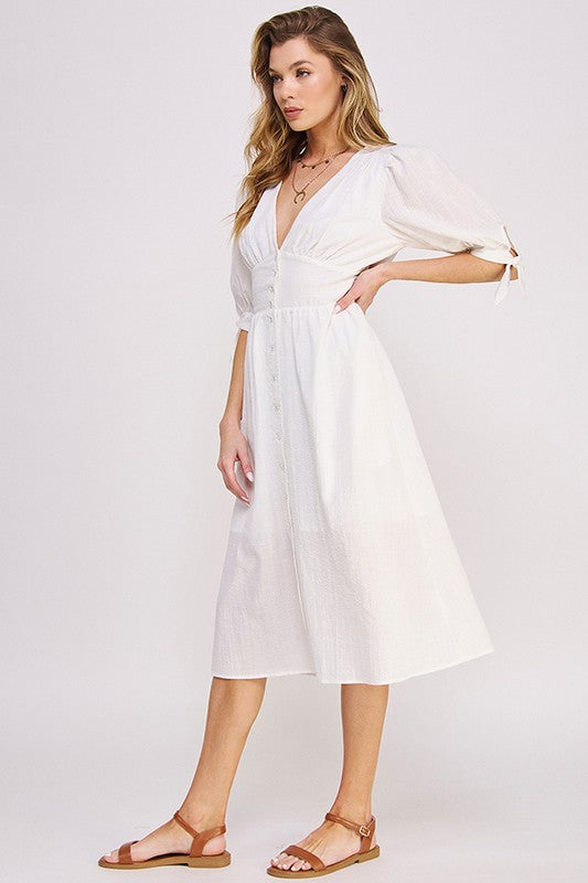 Puff Sleeves V-Neck Button Down Midi Dress